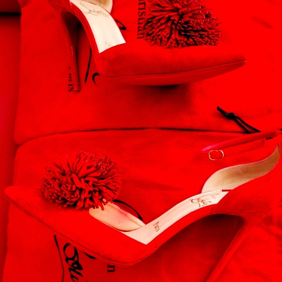 Christian Louboutin Red Velvet Pom-pom heels 36.5 - Picture 3 of 7